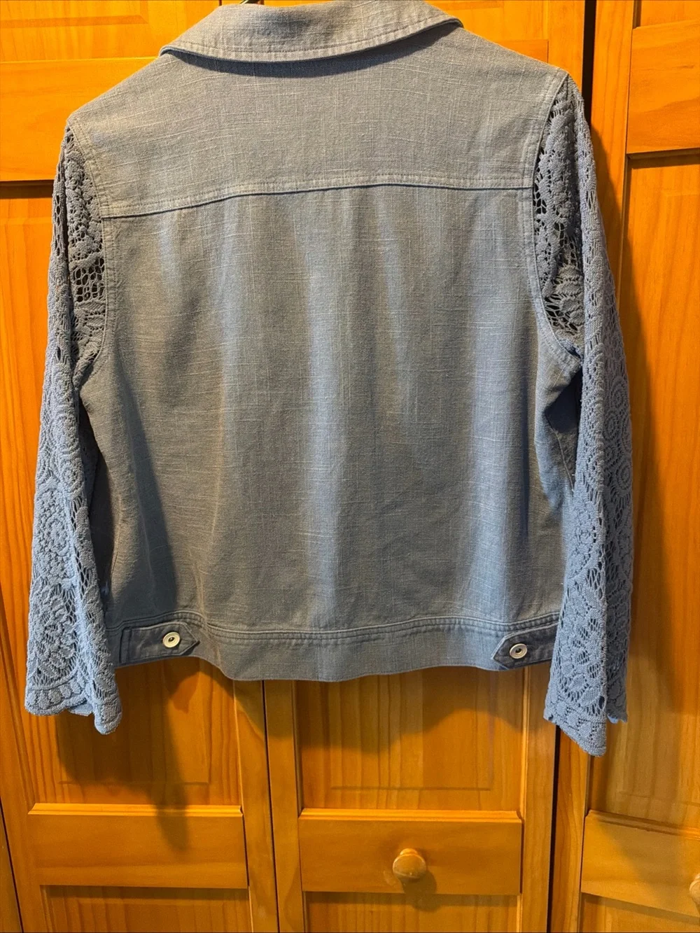 Soft Surroundings Light Blue Denim Jacket with Crochet Sleeves